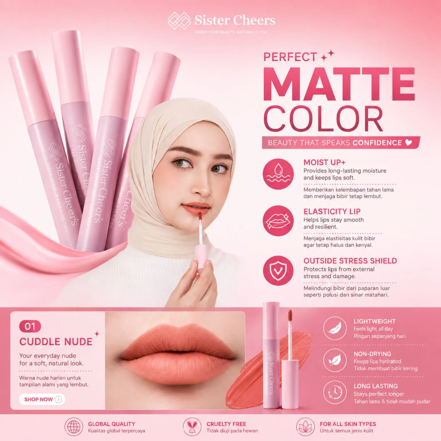 Sister Cheers Perfect Matte Lip Cream – Matte Lip Color, Lightweight, Long Lasting & Moisturizing – 4 Shades